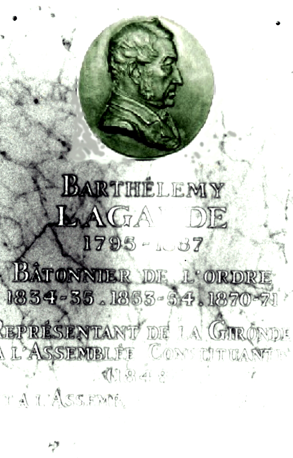 Barthélemy Lagarde (1803 - 1887), trois fois bâtonnier du Barreau de Bordeaux. Plaque commémorative inaugurée en 1985 dans le vestiaire des avocats. Ordr. Avoc.